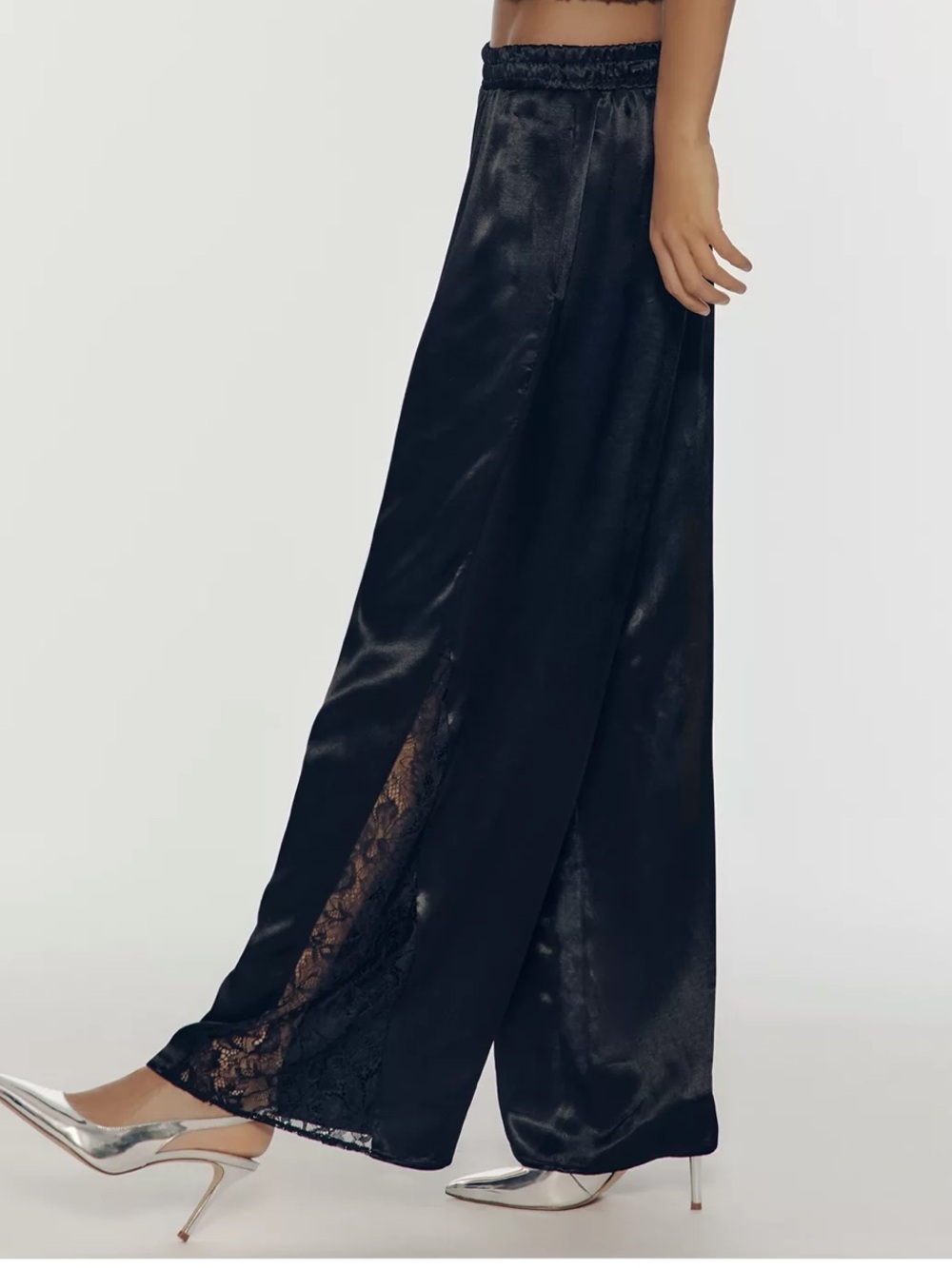 Anthropologie Black Satin Lace Insert Wide-Leg Pants with POCKETS 😍😍 NWT - Picture 3 of 4